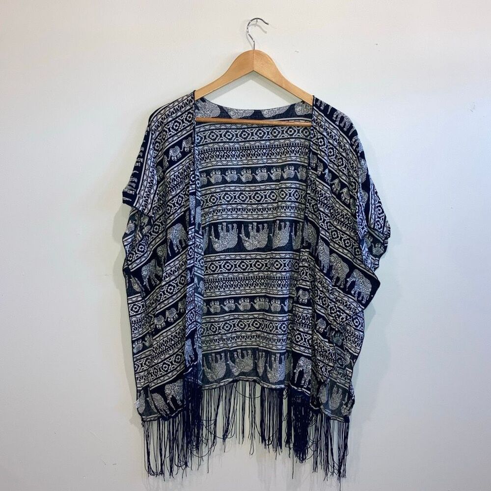 Boho Elephant Print Kimono Wrap Navy Blue Fringe S/M